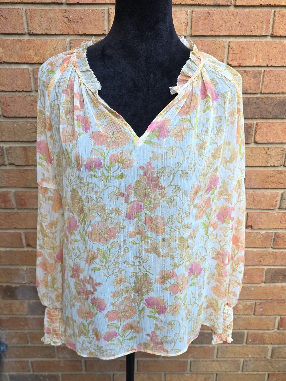 Rose & Olive Cream Floral Peasant Blouse with Ruffle Neck Size M